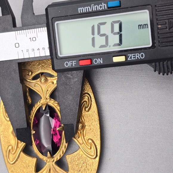 Art Nouveau Style Gold Tone Sash Pin Brooch Faceted Amethyst Glass Statement - Picture 8 of 10